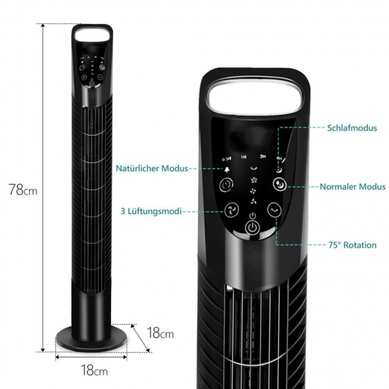 Jopassy  Turmventilator mit Fernbedienung leise 75° oszillierender Ventilator Timer, Turm Standventilator, schwarz