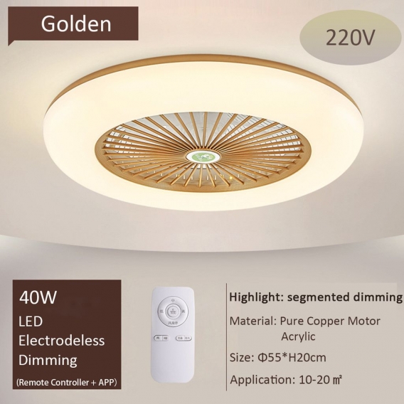 ECSEE 21 "Modernes Deckenventilatorlicht LED dekorativ Unsichtbar APP Fernbedienung Gold 220 V (mit Fernbedienung)