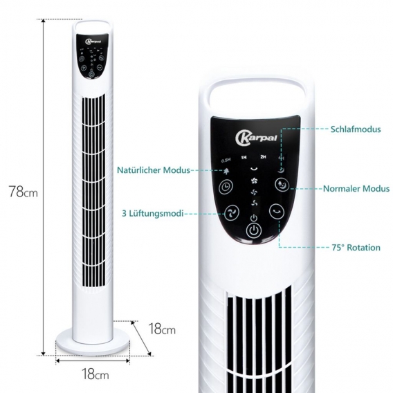 Fiqops Turmventilator mit Fernbedienung leise 75° oszillierender Ventilator Timer, Turm Standventilator, weiß