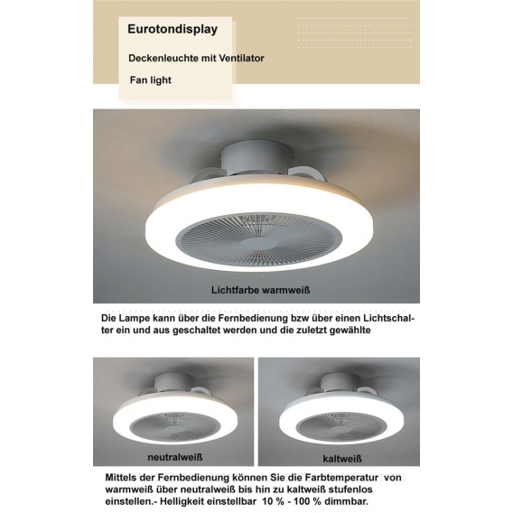 Eurotondisplay Deckenventilator mit LED Beleuchtung D3301 Deckenlampe Ø 50cm 96W mit Fernbedienung Lichtfarbe/Helligkeit einstel