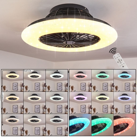 »Padergnone«, Deckenlampe mit Ventilator aus Metall/Kunststoff mit Sternenhimmel-Optik, RGB Farbwechsler, dimmbar, Fernbedienung
