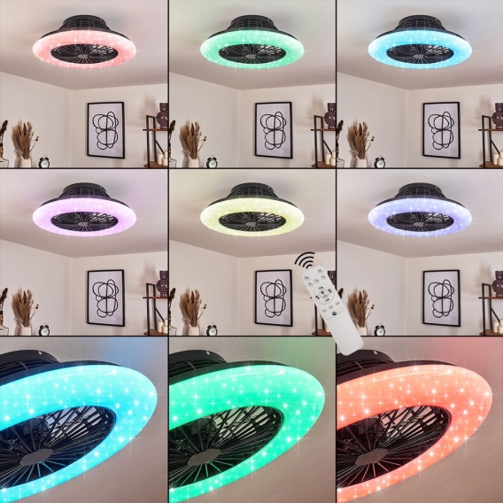 »Padergnone«, Deckenlampe mit Ventilator aus Metall/Kunststoff mit Sternenhimmel-Optik, RGB Farbwechsler, dimmbar, Fernbedienung