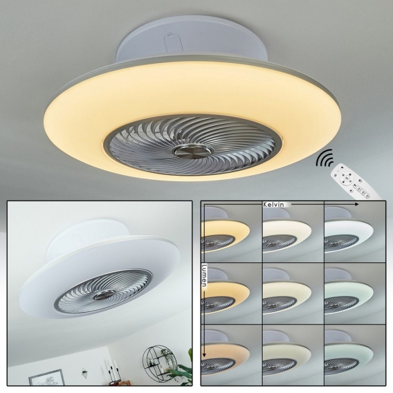 »Corigliano« moderne Deckenlampe mit Ventilator aus Metall und Kunststoff in Weiß und Nickel-matt, mit Fernbedienung dimmbar, 1 