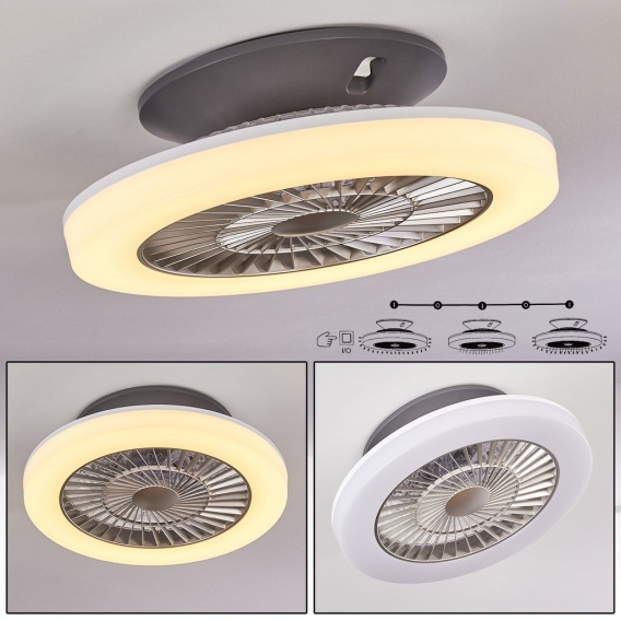 »Gabbio« LED Deckenventilator aus Kunststoff in Grau/Weiß, mit Ventilator, 32 Watt, Ø 50 cm, 1950 Lumen, 3000 Kelvin, bedienbar 