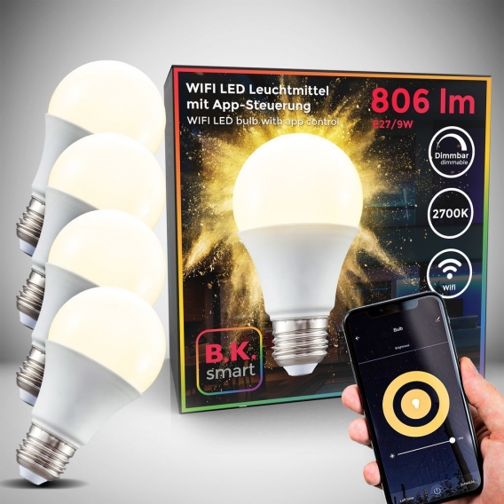 4er Set LED E27 Wi-Fi Lampe 9 Watt 806 Lumen 2.700K Warmweiß Dimmbar App- Sprachsteuerung Alexa Google Home iOS & Android WLAN G