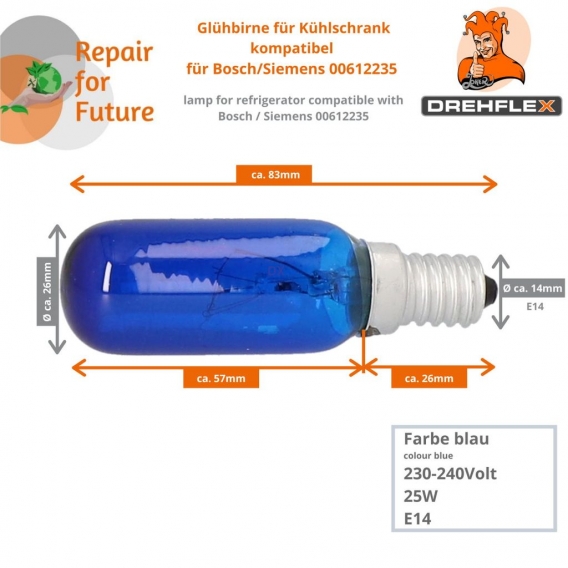 DREHFLEX®  - Bosch / Siemens Glühbirne Kühlschrank 00612235 - alternativ - blau - 1 Stück