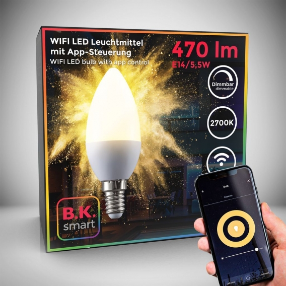 1er LED Wi-Fi Lampe E14 Fassung 5,5 Watt 470 Lumen 2.700K warmweiße Lichtfarbe Dimmbar Appsteuerung Sprachsteuerung Alexa Google