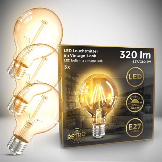 B.K.Licht 3er Set G80 Edison Vintage Glühbirne I E27 4W 2200K 320lm I Warmweiß I LED Glühbirne I Retro Glühlampe I Filament