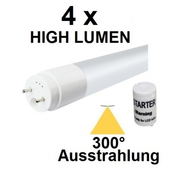 4 x 120 cm HIGH LUMEN LED-Röhre T8 / G13, 18 Watt, 2430 Lumen, 300° Ausstrahlung, Lichtfarbe Tageslichtweiß / Kaltweiß 6000 Kelv
