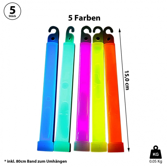 Leuchtstäbe 5er Set Neon-Stick Leuchtsticks 5 Farben H15cm Knicklichter Neonfarben Leuchtstab Umhängeband