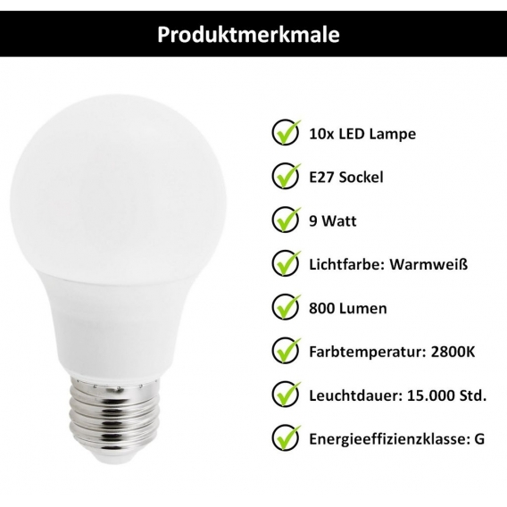 10x LED Leuchtmittel E27 Sockel 9W Glühbirnen Set Lampe Birne | warmweiß | 800 lm |10 Stück A192 Leuchtmittel
