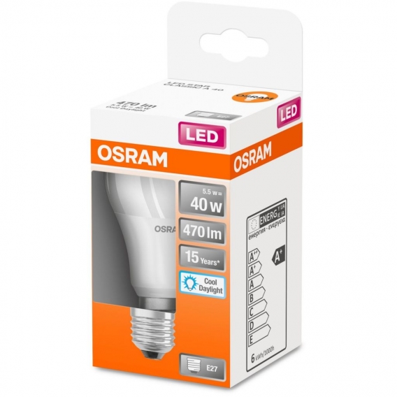 Osram E27 5.5W 6500K LED-Lampe, Birnenform, Sockel E27, 5,5 Watt, Neutralweiß, 6500 K, Energieeffizienzklasse F