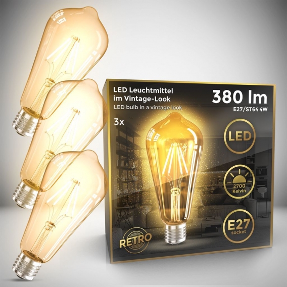 B.K.Licht 3er Set ST64 Edison Vintage Glühbirne I E27 4W 2700K 380lm I Warmweiß I LED Glühbirne I Retro Glühlampe I Filament