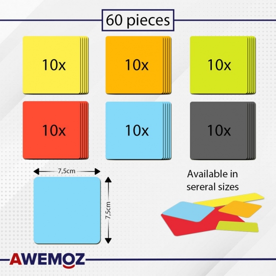 Awemoz® - 60 Magnetstreifen Beschreibbar – 7.5 x 7.5 cm – 6 Farben - Scrum & Kanban - Beschreibbare Magnete - Für Whiteboard, Ma
