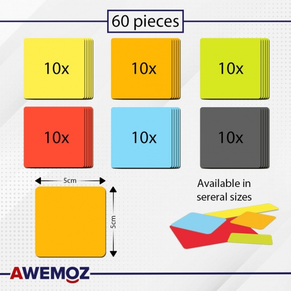 Awemoz® - 60 Magnetstreifen Beschreibbar - 5 x 5 cm – 6 Farben – Scrum & Kanban - Beschreibbare Magnete - Für Whiteboard, Magnet