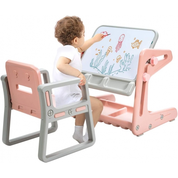 COSTWAY 2 in 1 Magnetische Maltafel und Zeichentisch, Kinderschreibtisch mit Hocker höhen- und neigungsverstellbarer Tischplatte