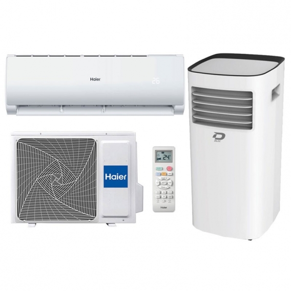 Haier Klimaanlage Geos Plus + Inverter 3,5KW 12000Btu A++/A+ R32 WIFI mit Diloc 9000 BTU mobiles Klimagerät