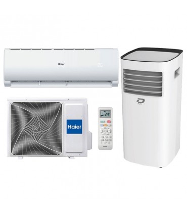 Haier Klimaanlage Geos Plus + Inverter 3,5KW 12000Btu A++/A+ R32 WIFI mit Diloc 9000 BTU mobiles Klimagerät