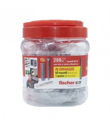 Fischer Verpackung mit 200 SX6 Dübeln mit Schauben und 1 Spitze 00553114