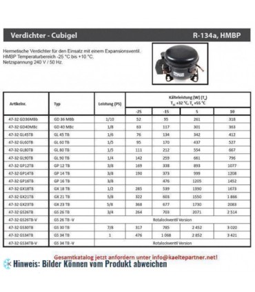 Kompressor ACC - Electrolux GL80TB, HMBP - R134a, 1/5HP, 220-240V/1/50Hz