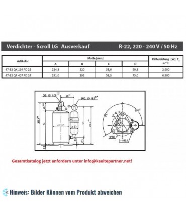 Rotationskompressor LG QP407PD24, R22, 220-240V, 50Hz, 23600 Btu/h - nicht lieferbar, ersetzt durch Nachfolger