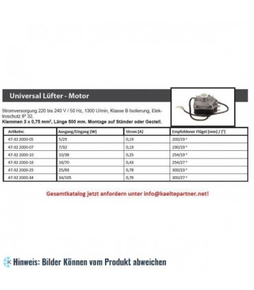 Lüftermotor Universal, Leistung/Strom 10/38 W, 0.25 A