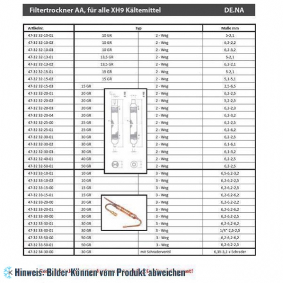 Filtertrockner SM3 50g, 3 Wege 6.2x6.2x2.5 mm, Größe 24x205 mm oder 30x168 mm De.Na