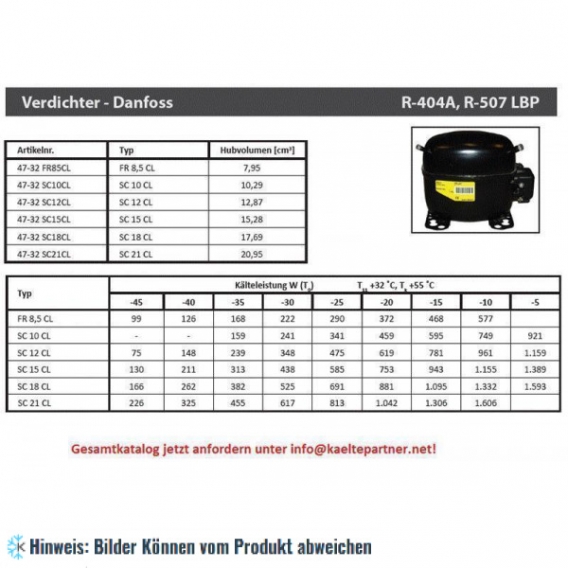 Kompressor DANFOSS NLE15KK.4, HBP/LBP R600a, 220-240V, 172W (-25°C)
