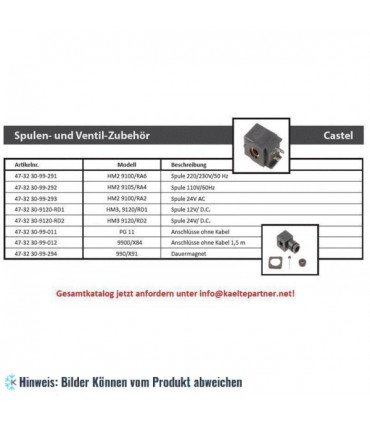 Spule für Magnetventil Castel, HM2 9100/RA6, 220/230V, 50/60Hz - nicht lieferbar, ersetzt durch Nachfolger