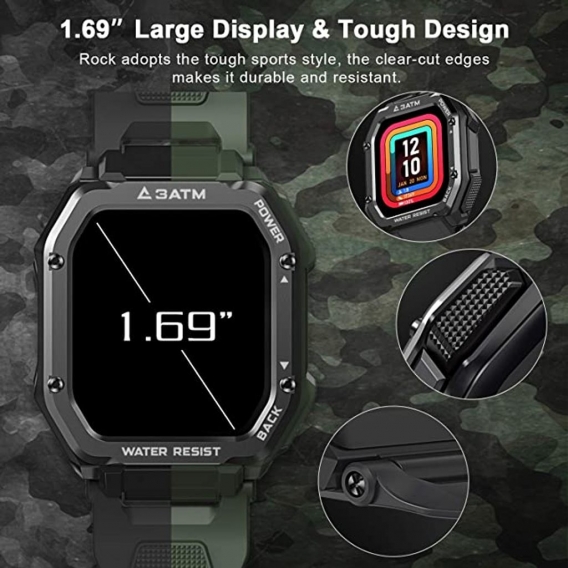 Smartwatch Herren 1,69 Zoll Fitness Tracker 3ATM Wasserdicht Schrittzähler Outdoor Smart Watch für Android iOS (Schwarz)