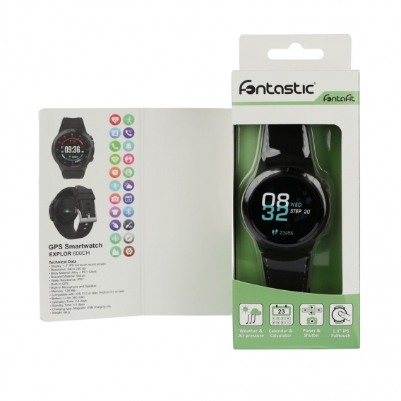 Fontastic Prime GPS Smartwatch FontaFit 600CH Explor Sport-Modi sw Telefonfunktion, Spritzwasserschutz, 1,3" Display