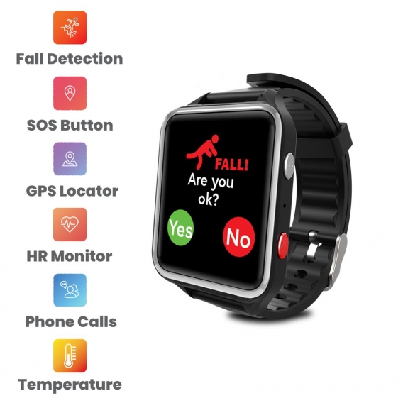 CPR Guardian III – Smartwatch Senioren Notruf Uhr mit Sturzsensor, GPS Ortung, Notfallknopf - Schwarz
