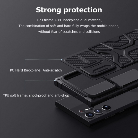 Mecha Heavy Duty Phone Case Lens Slide Cover Für Samsung Galaxy S22 Ultra Schwarz
