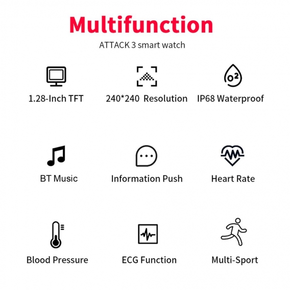 LOKMAT ATTACK 3 Smart Sports Watch 1,28'' TFT Full-Touchscreen BT Anruf EKG-ueberwachung Mehrere Sportmodi Musiksteuerung/Fernka