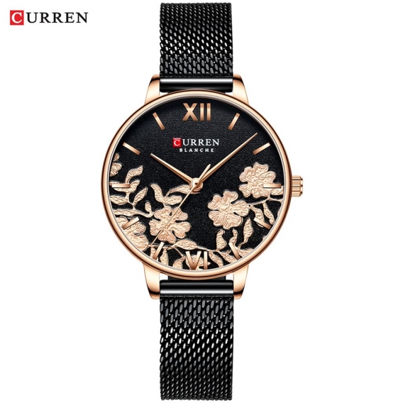 CURREN 9065 Elegant Exquisite Laessige Business Quarz Damenuhr Sakura Flower Gepraegte Einfache Armbanduhr 3ATM Wasserdichte Arm