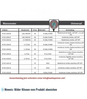 Ersatz Manometer -100/900 kPa Ventil 1/8NPT+2x1/4SAE, R134A, R22