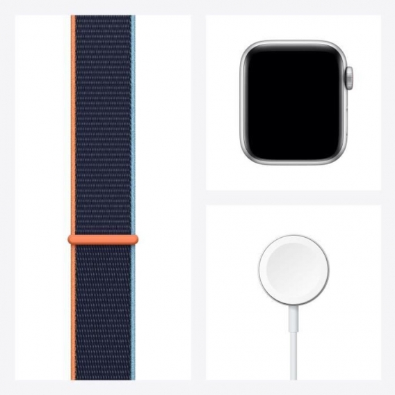 Apple Watch SE GPS + Cellular, 40 mm silbernes Aluminiumgehäuse mit intensiv blauem Sportband