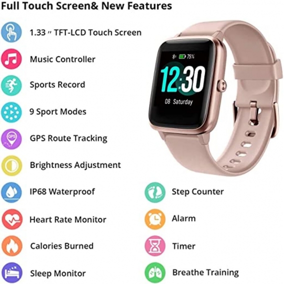 Smartwatch mit Herzfrequenzmesser Fitness-Tracker 1,3-Zoll-Touchscreen IPX7 wasserdicht Schrittzähler Sport-Tracking-Sportuhr ro