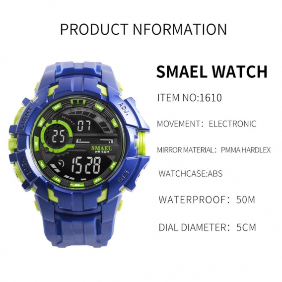 SMAEL 1610 Multifunktionale Stossfeste Sportuhr fuer Herren Damen Modische Unisex-Armbanduhr mit 50M Wasserdicht/Leuchtend/Alarm