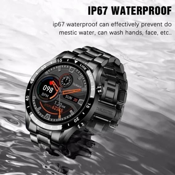 Linuode Smartwatch Bluetooth Anruf Sport Herrenuhr Herzfrequenzüberwachung Musiksteuerung Wasserdichte Smart Watch Herren,Schwar
