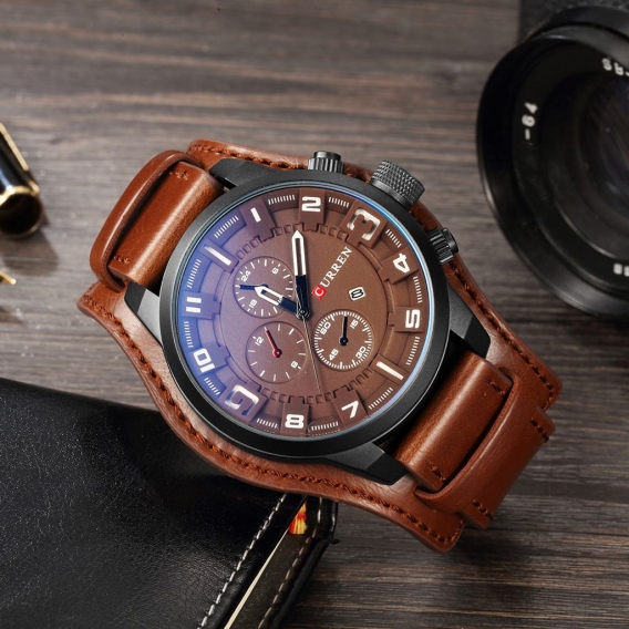 Curren Maenner Sport Quarzuhr Mode Kalender Uhren Big Dial Lederband Armbanduhr
