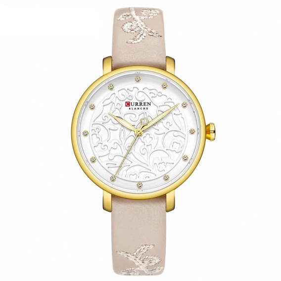 CURREN 9046 Quarz Damen Armbanduhr geschnitzt Blume bestickt Stil Uhr fuer Damen Damenuhren mit Kunstleder PolyurethanArmband Ed