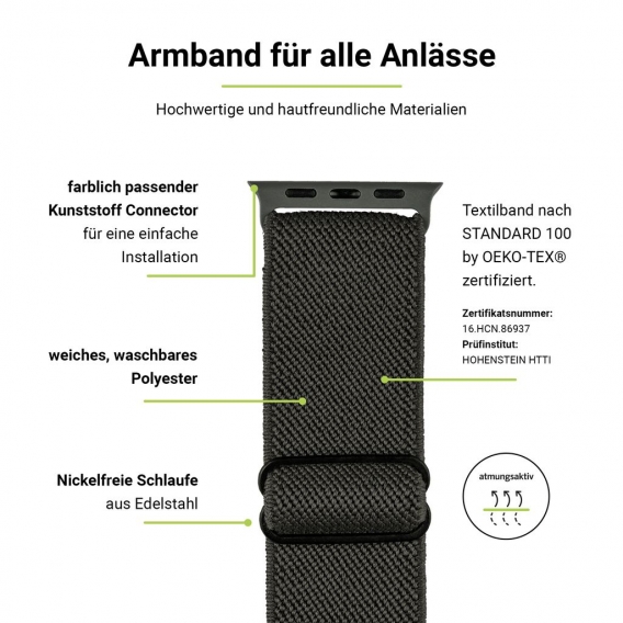 ARTWIZZ WatchBand Flex Stoff Armband für Apple Watch Series SE 7 6 5 4 3 2 1, Farbe:Space-Grey, kompatibel mit:Apple Watch 42/44