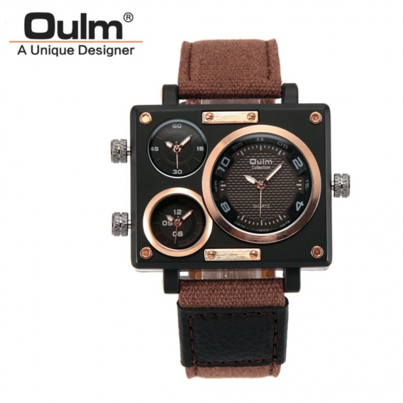 OULM Maenner Business Watch Luxus Canvas Band Quarz Uhr Drei Zeitzone Sport Armbanduhr