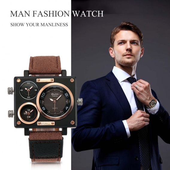 OULM Maenner Business Watch Luxus Canvas Band Quarz Uhr Drei Zeitzone Sport Armbanduhr