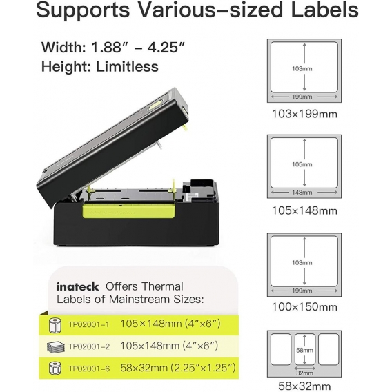 Inateck 4x6 Etikettendrucker 100mm*150mm, mit Ständer, 50 Thermopapier-Etiketten, Reinigungsstift