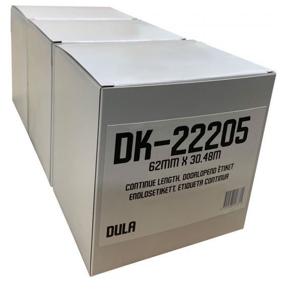 DULA - Brother-kompatible DK-22205 Endlos-Etikettenrolle - Papier - Schwarz auf Weiß - 62 mm x 30,48 m - 3 Rollen