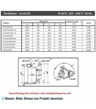 Rotationskompressor LG NJ208P, R407C, 220-240V, 50Hz, 12400 Btu/h - nicht lieferbar, ersetzt durch Nachfolger