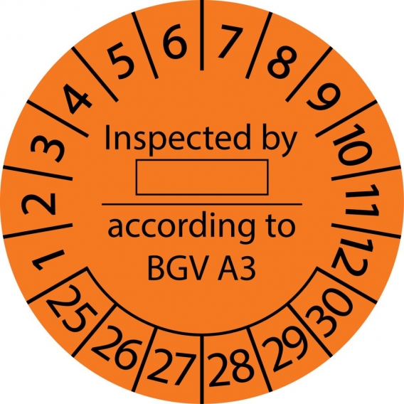10 Stück "Prüfetiketten" 15 mm -selbstklebende "Inspected by according to BGV A3, Startjahr: 2025" ES-PRIBBGV-6-2025-15-149-PA