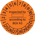 1000 Stück "Prüfetiketten" 50 mm -selbstklebende "Inspected by according to BGV A3, Startjahr: 2025" ES-PRIBBGV-6-2025-50-149-PA